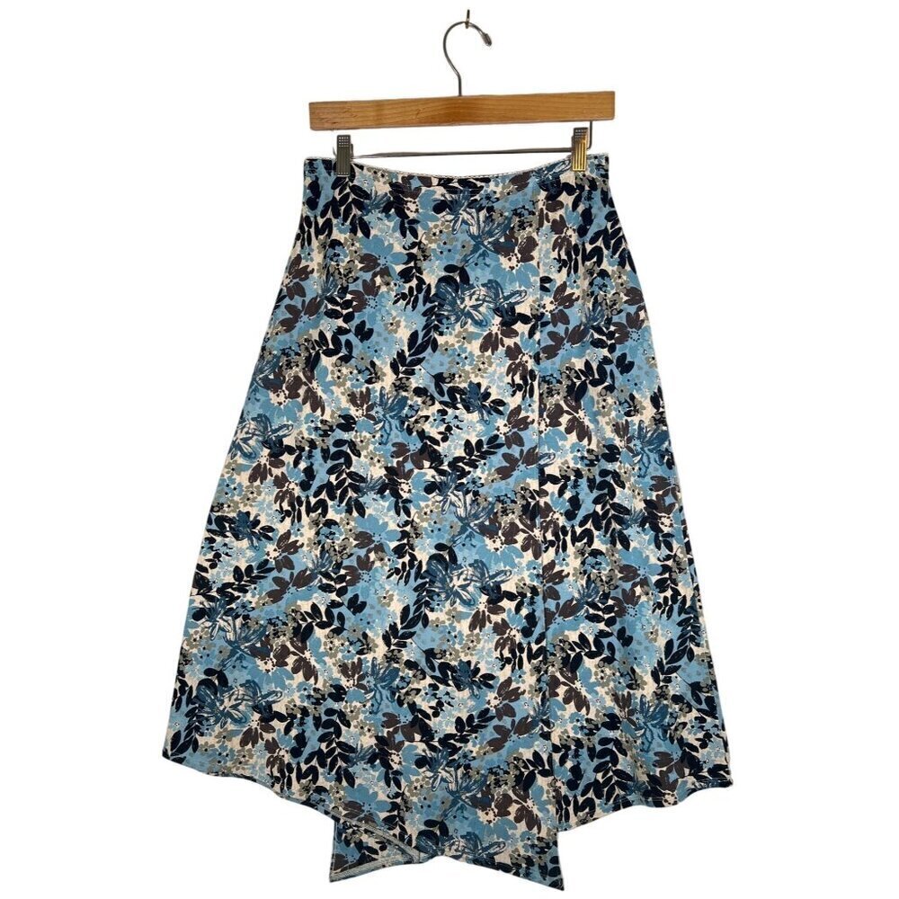J Jill Women Size S Midi Faux Aline Wrap Skirt Blue Rayon Blend Knit Foliage EUC